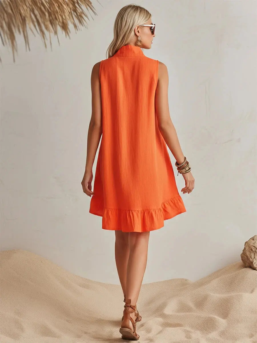 Vibrant Summer Dresses | Women's Mini Dress with Stand Collar & Ruffled Hem for Effortless Style