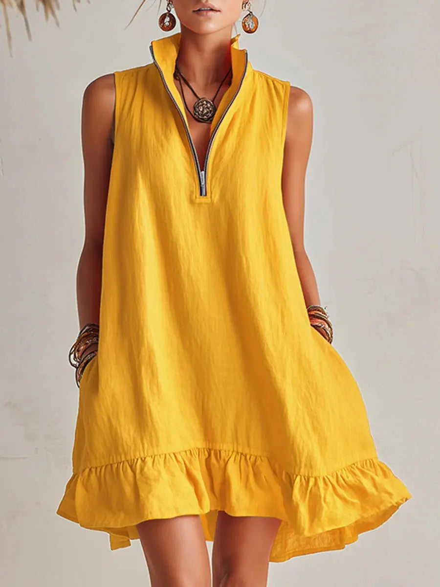 Vibrant Summer Dresses | Women's Mini Dress with Stand Collar & Ruffled Hem for Effortless Style