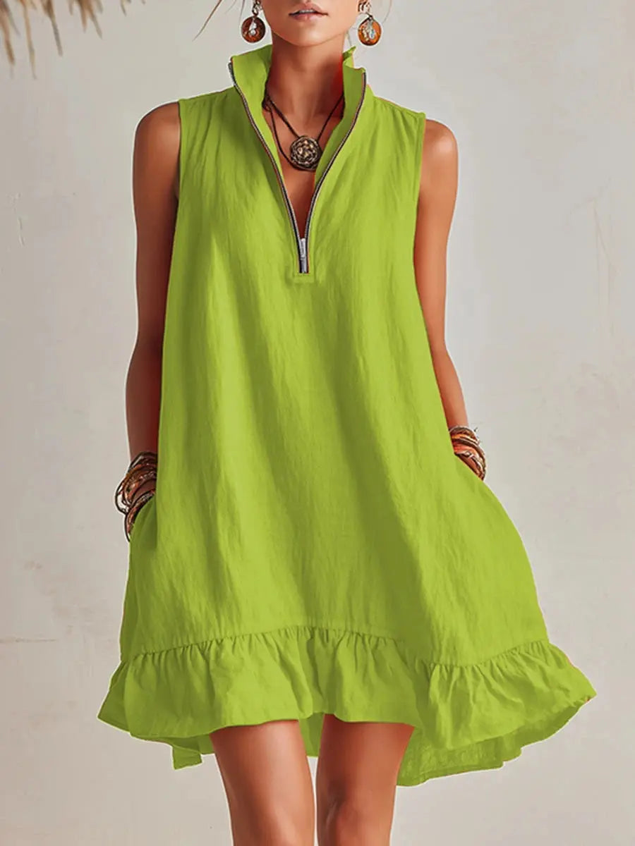 Vibrant Summer Dresses | Women's Mini Dress with Stand Collar & Ruffled Hem for Effortless Style