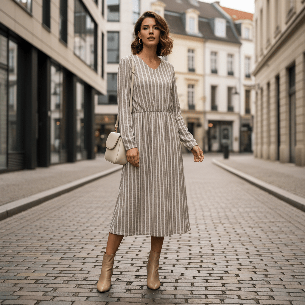 Vintage Charm | Breathable V Neck Stripe Dress with Relaxed Fit | Effortless Everyday Style for Women