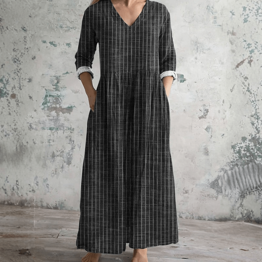 Vintage Charm | Breathable V Neck Stripe Dress with Relaxed Fit | Effortless Everyday Style for Women