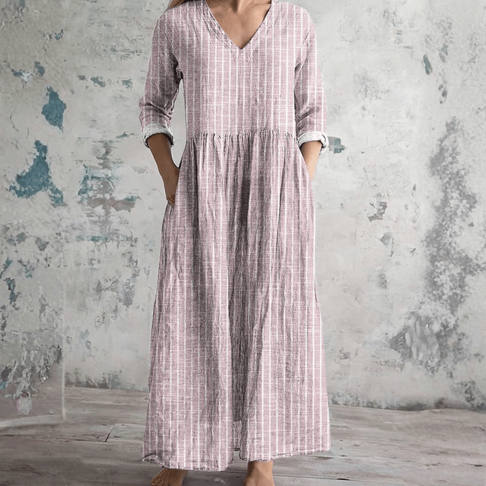 Vintage Charm | Breathable V Neck Stripe Dress with Relaxed Fit | Effortless Everyday Style for Women