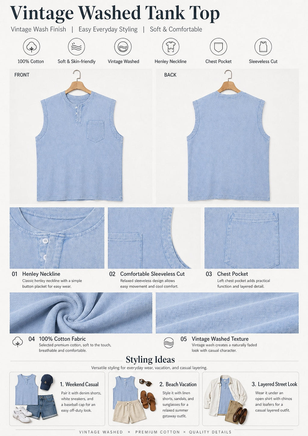 Vintage Collection | Men's Tank Top with Classic Henley Design | Soft Cotton Casual Shirt for Comfortable Summer Wear