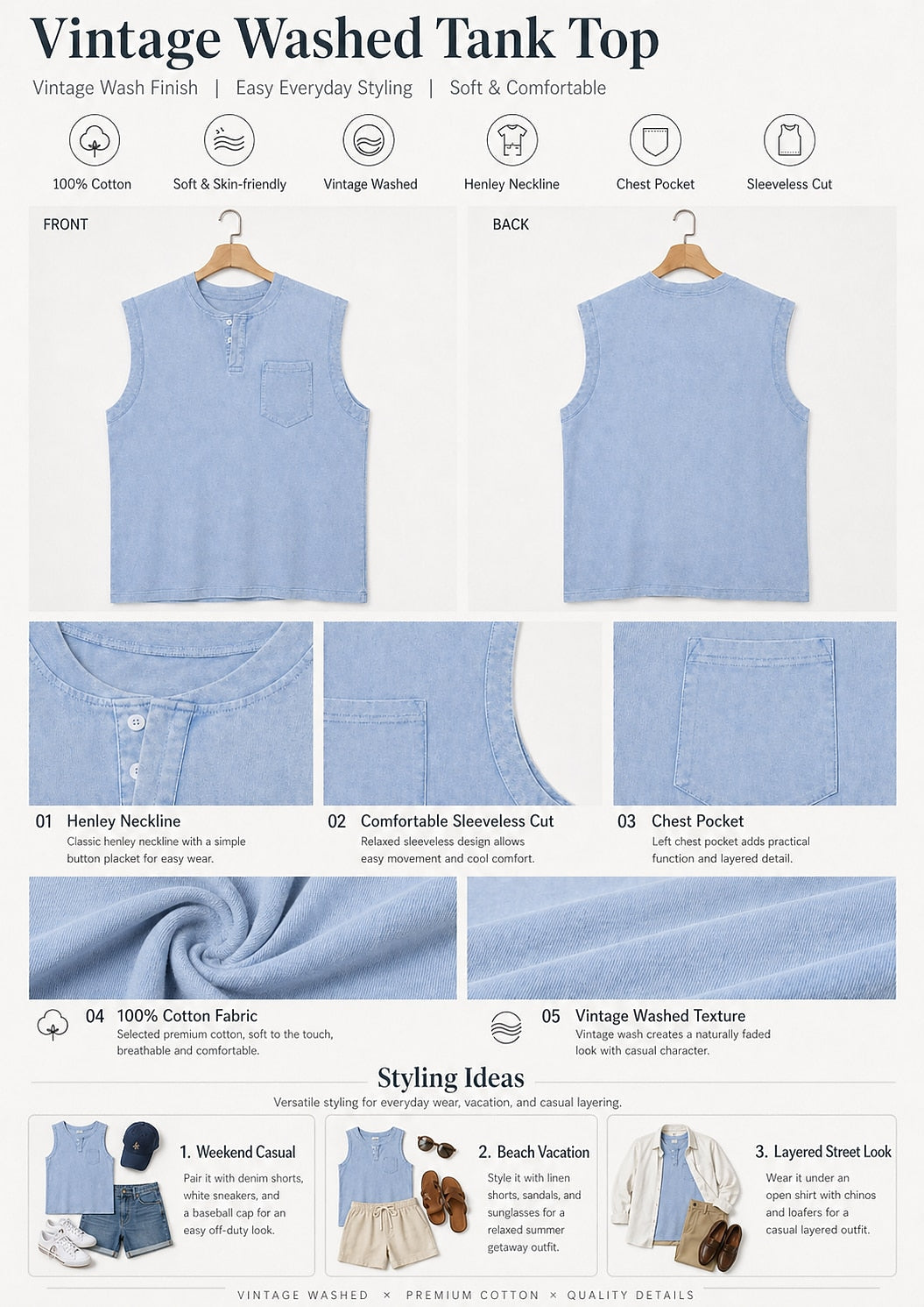 Vintage Collection | Men's Tank Top with Classic Henley Design | Soft Cotton Casual Shirt for Comfortable Summer Wear