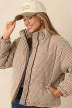 Women's Warm Welcome Brown Gingham Puffer Coat | 55% Polyester & 45% Cotton 1