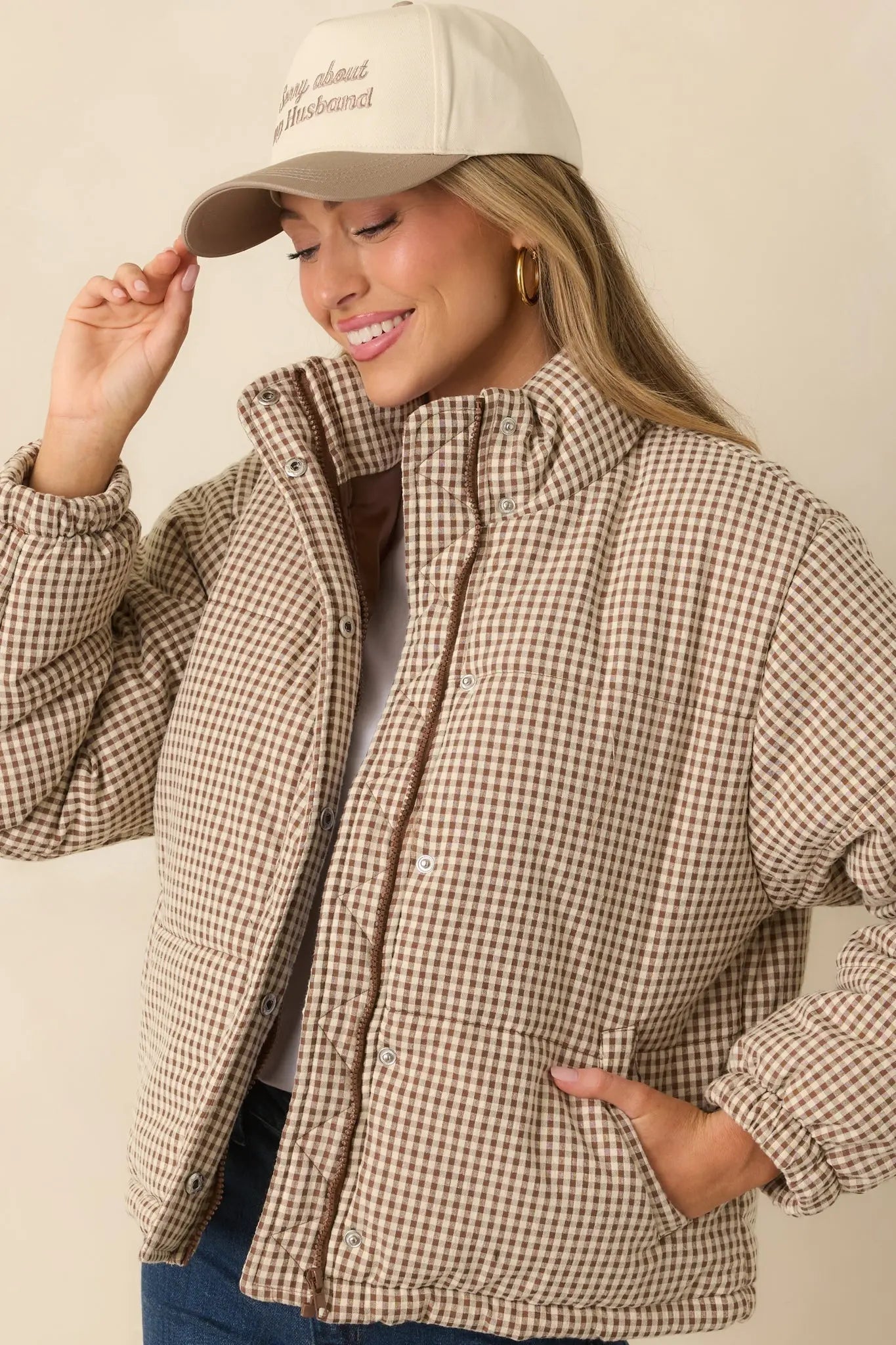 Women's Warm Welcome Brown Gingham Puffer Coat | 55% Polyester & 45% Cotton 1