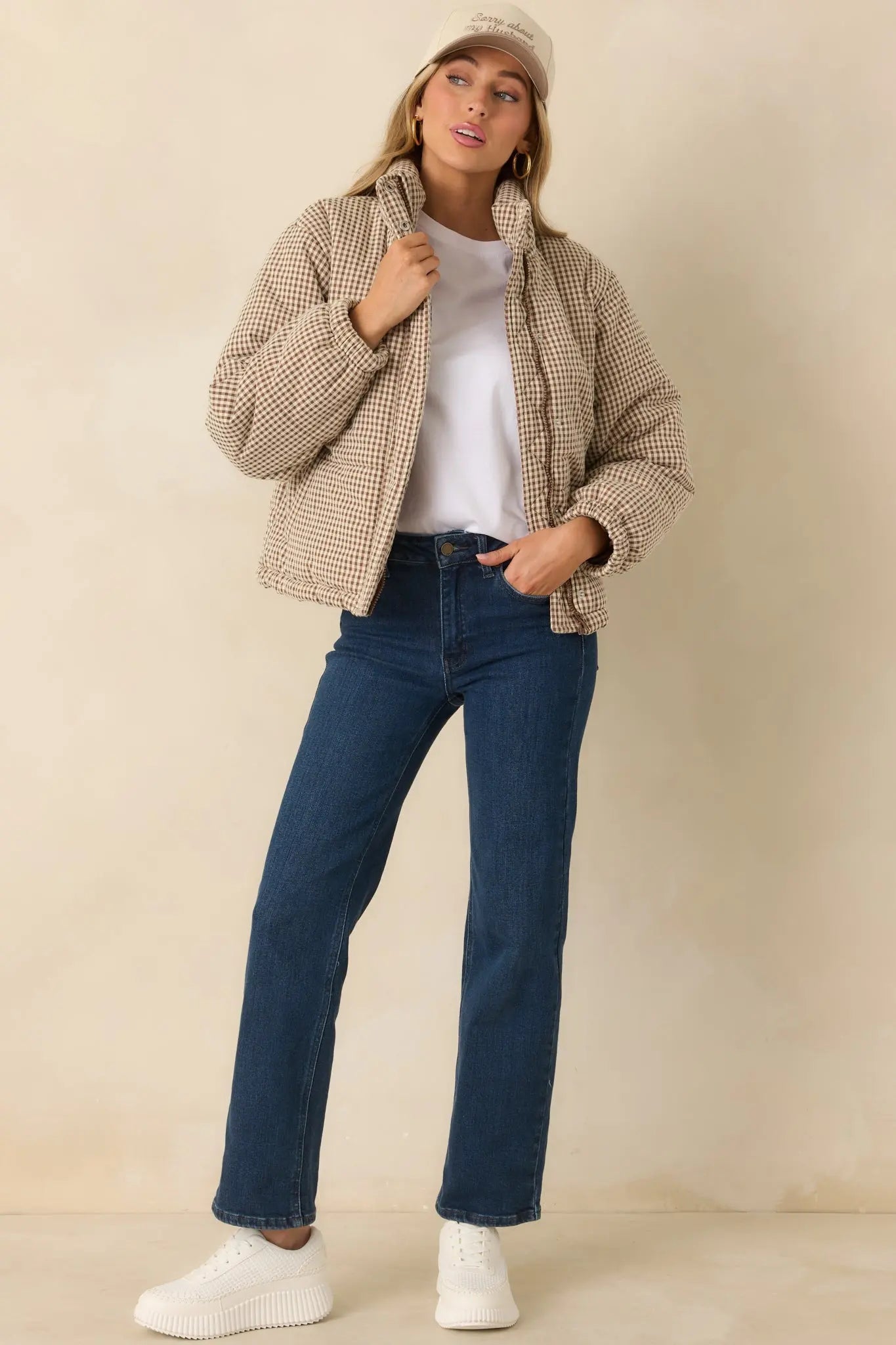 Women's Warm Welcome Brown Gingham Puffer Coat | 55% Polyester & 45% Cotton 2