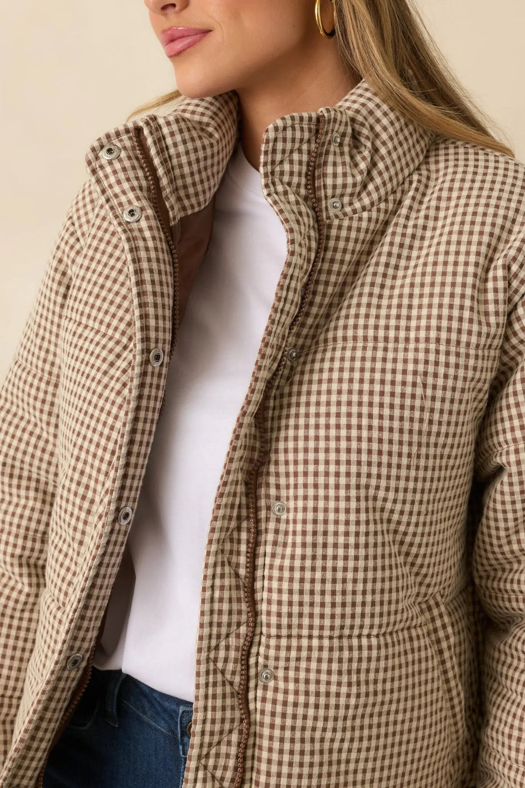 Women's Warm Welcome Brown Gingham Puffer Coat | 55% Polyester & 45% Cotton 3