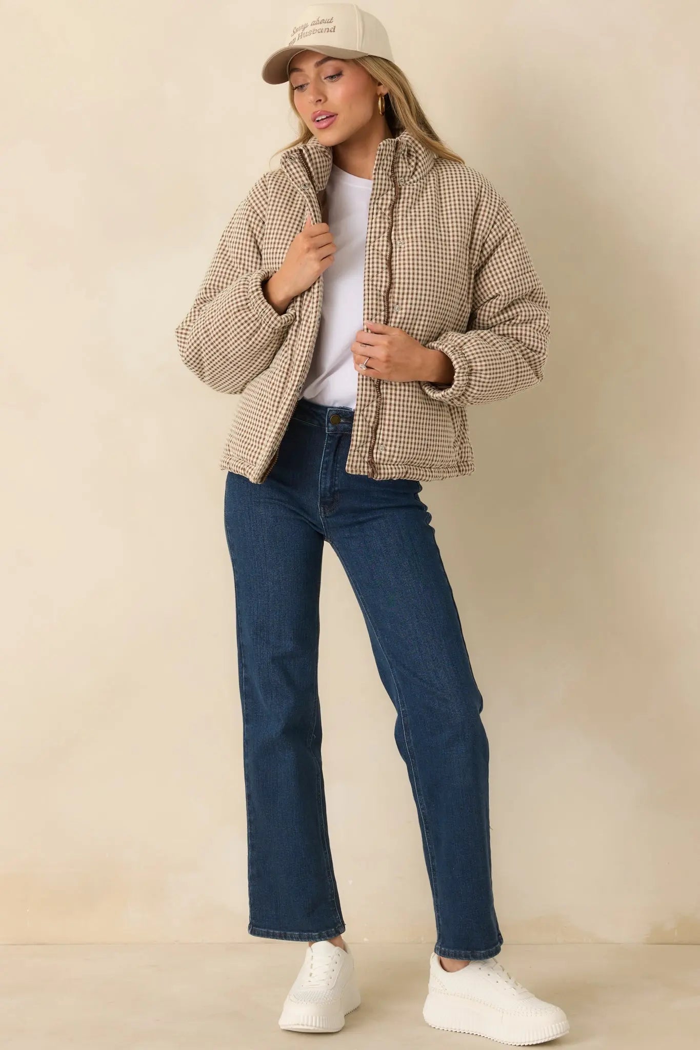 Women's Warm Welcome Brown Gingham Puffer Coat | 55% Polyester & 45% Cotton 4