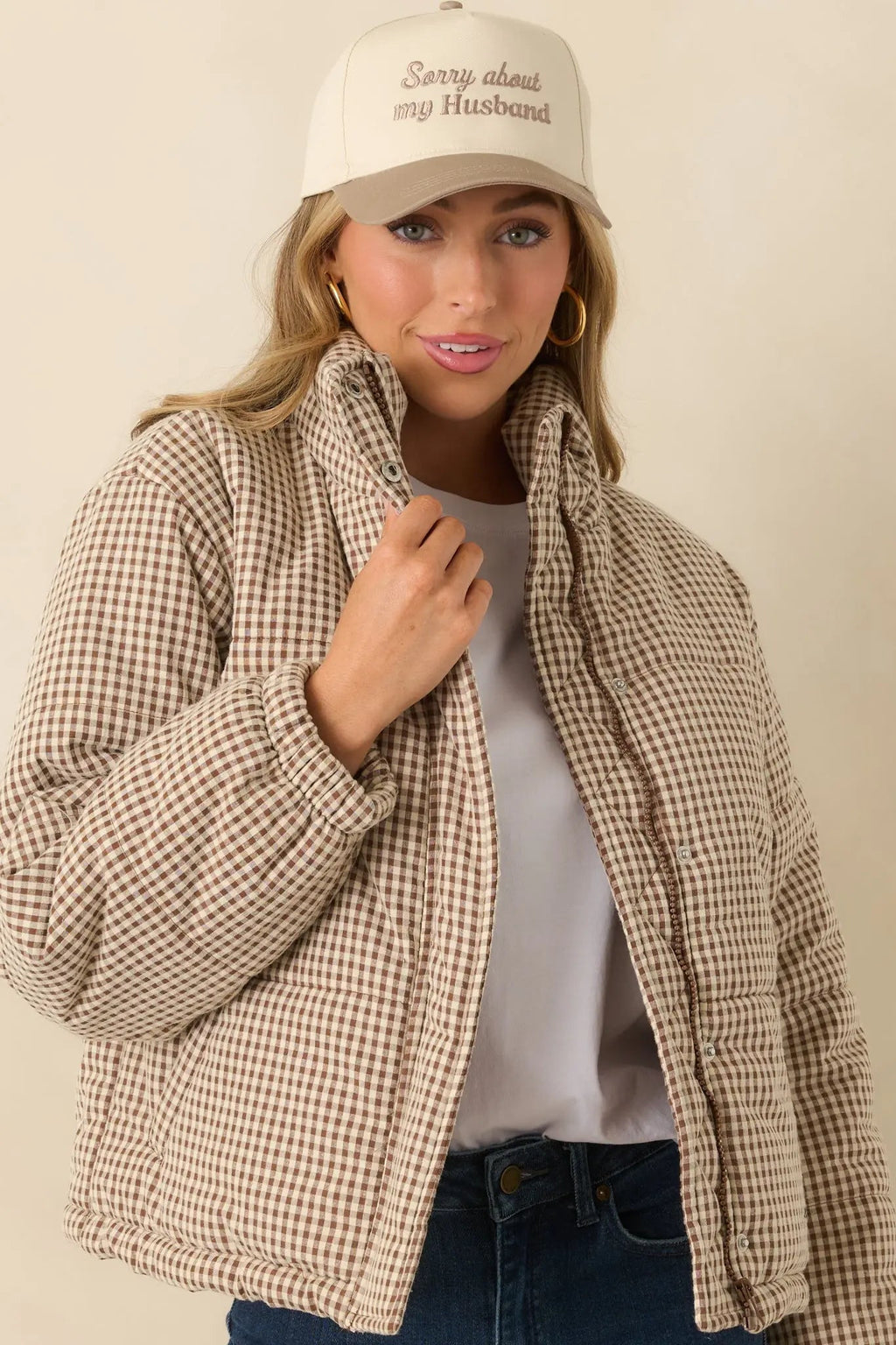 Women's Warm Welcome Brown Gingham Puffer Coat | 55% Polyester & 45% Cotton 5