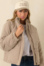 Women's Warm Welcome Brown Gingham Puffer Coat | 55% Polyester & 45% Cotton 5