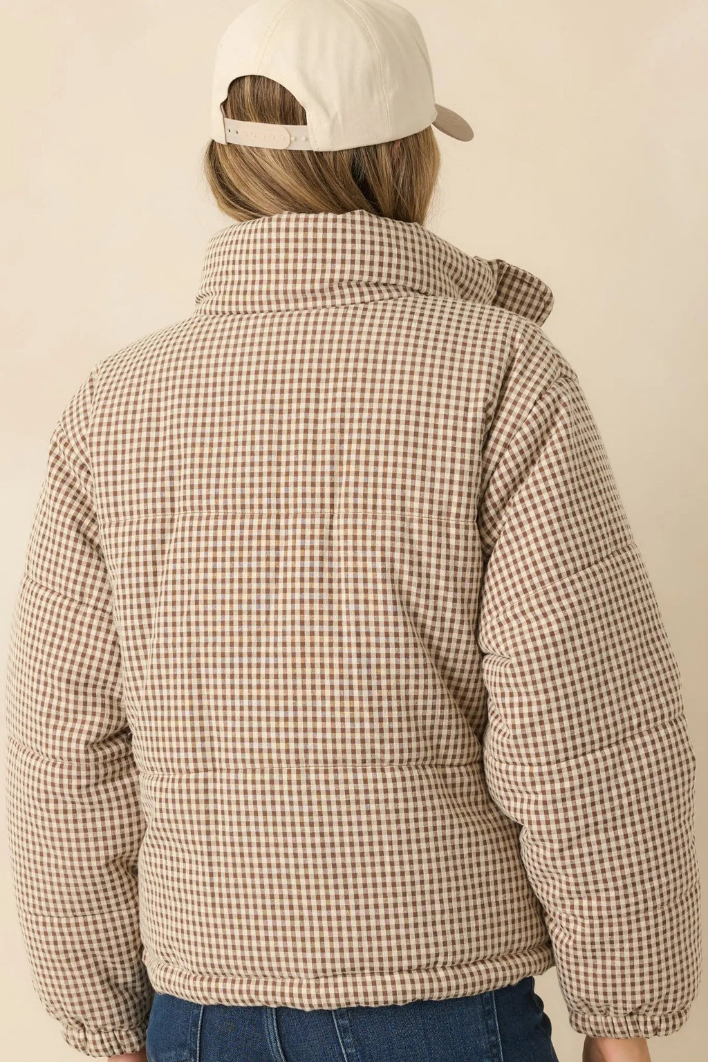 Women's Warm Welcome Brown Gingham Puffer Coat | 55% Polyester & 45% Cotton 6