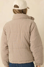 Women's Warm Welcome Brown Gingham Puffer Coat | 55% Polyester & 45% Cotton 6