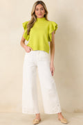 Women's Watch Her Work Chartreuse Green Knit Flutter Sleeve Top | 60% Cotton & 40% Acrylic 0