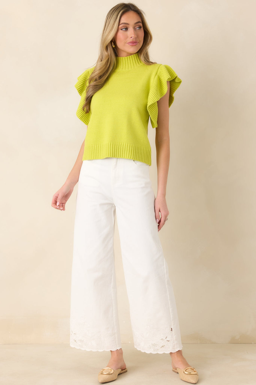 Women's Watch Her Work Chartreuse Green Knit Flutter Sleeve Top | 60% Cotton & 40% Acrylic 3
