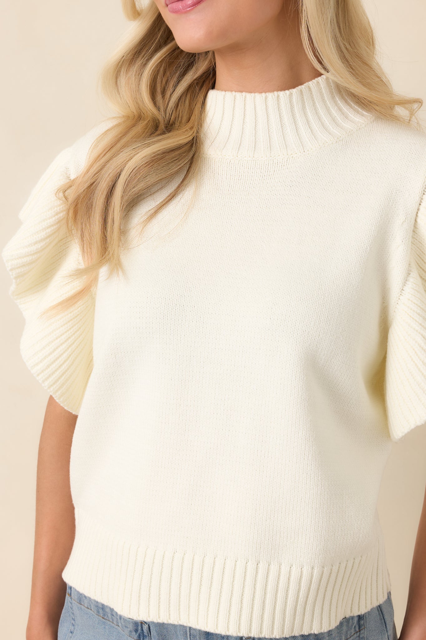 Women's Watch Her Work Ivory Knit Flutter Sleeve Top | 60% Cotton & 40% Acrylic 2
