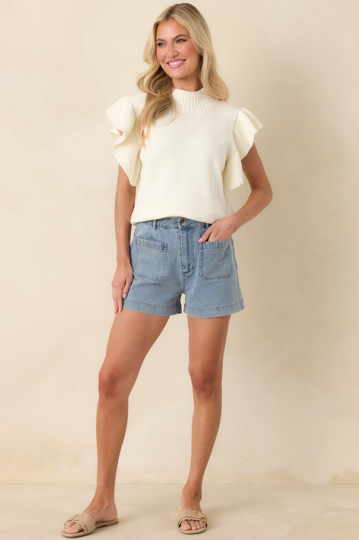Women's Watch Her Work Ivory Knit Flutter Sleeve Top | 60% Cotton & 40% Acrylic 4