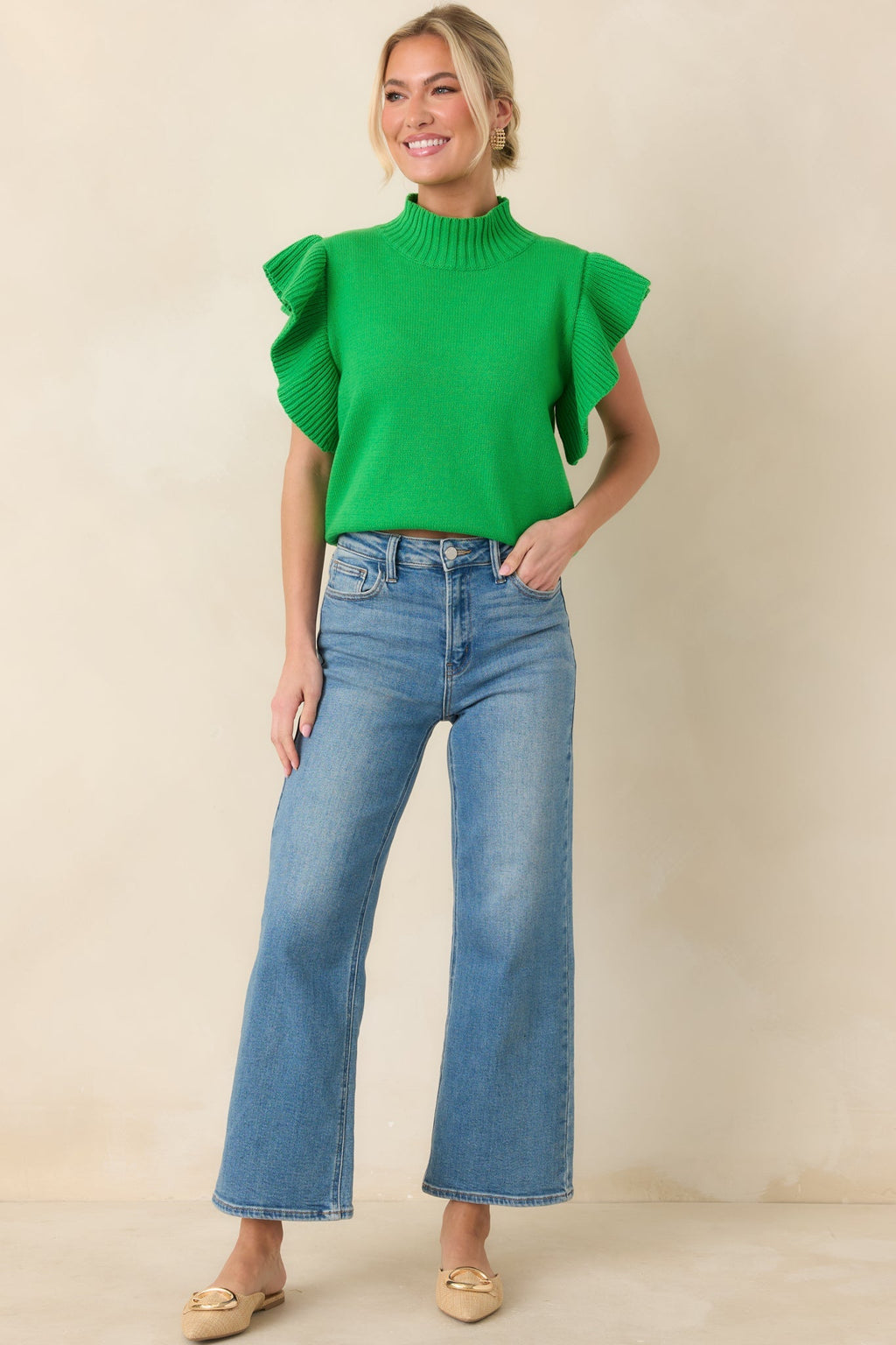 Women's Watch Her Work Kelly Green Knit Flutter Sleeve Top | 60% Cotton & 40% Acrylic 0