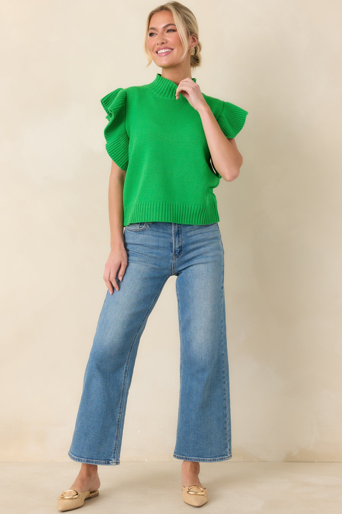 Women's Watch Her Work Kelly Green Knit Flutter Sleeve Top | 60% Cotton & 40% Acrylic 3