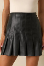 Women's Watch Me Black Faux Leather Pleated Mini Skirt | 50% Polyurethane & 50% Polyester 0