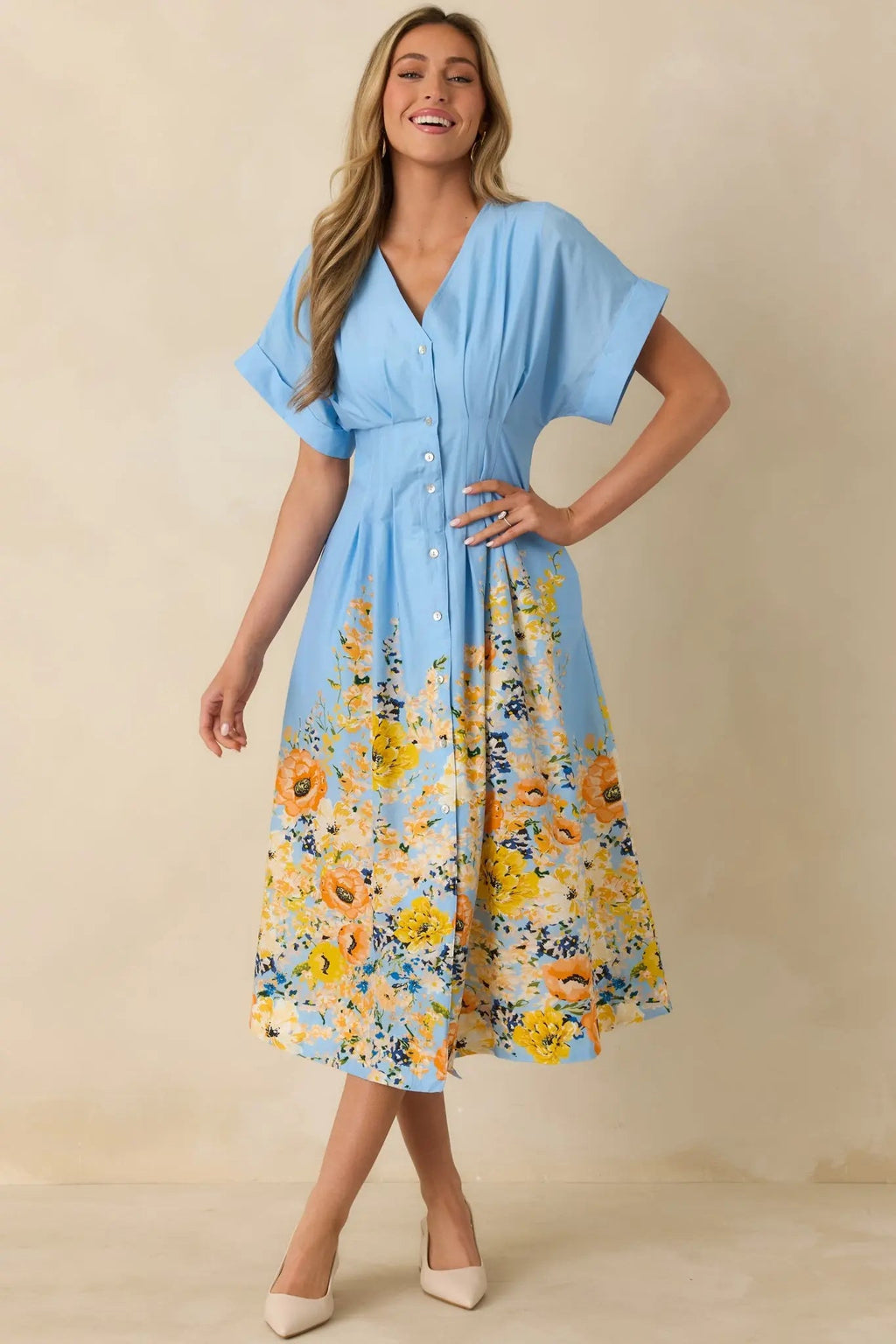 Women's What Comes Next Blue Multi Cotton Floral Midi Dress | 100% Cotton 0