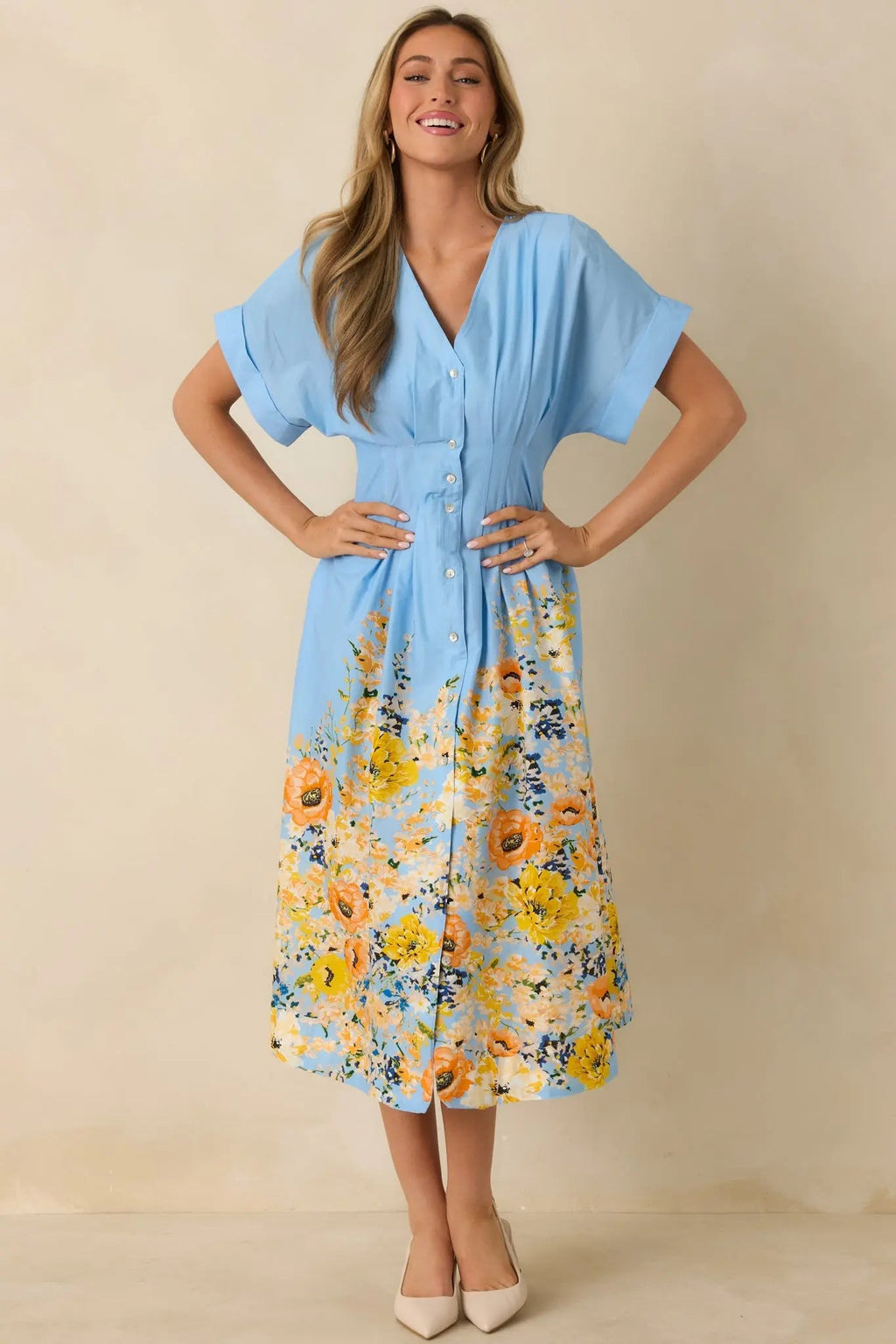 Women's What Comes Next Blue Multi Cotton Floral Midi Dress | 100% Cotton 3