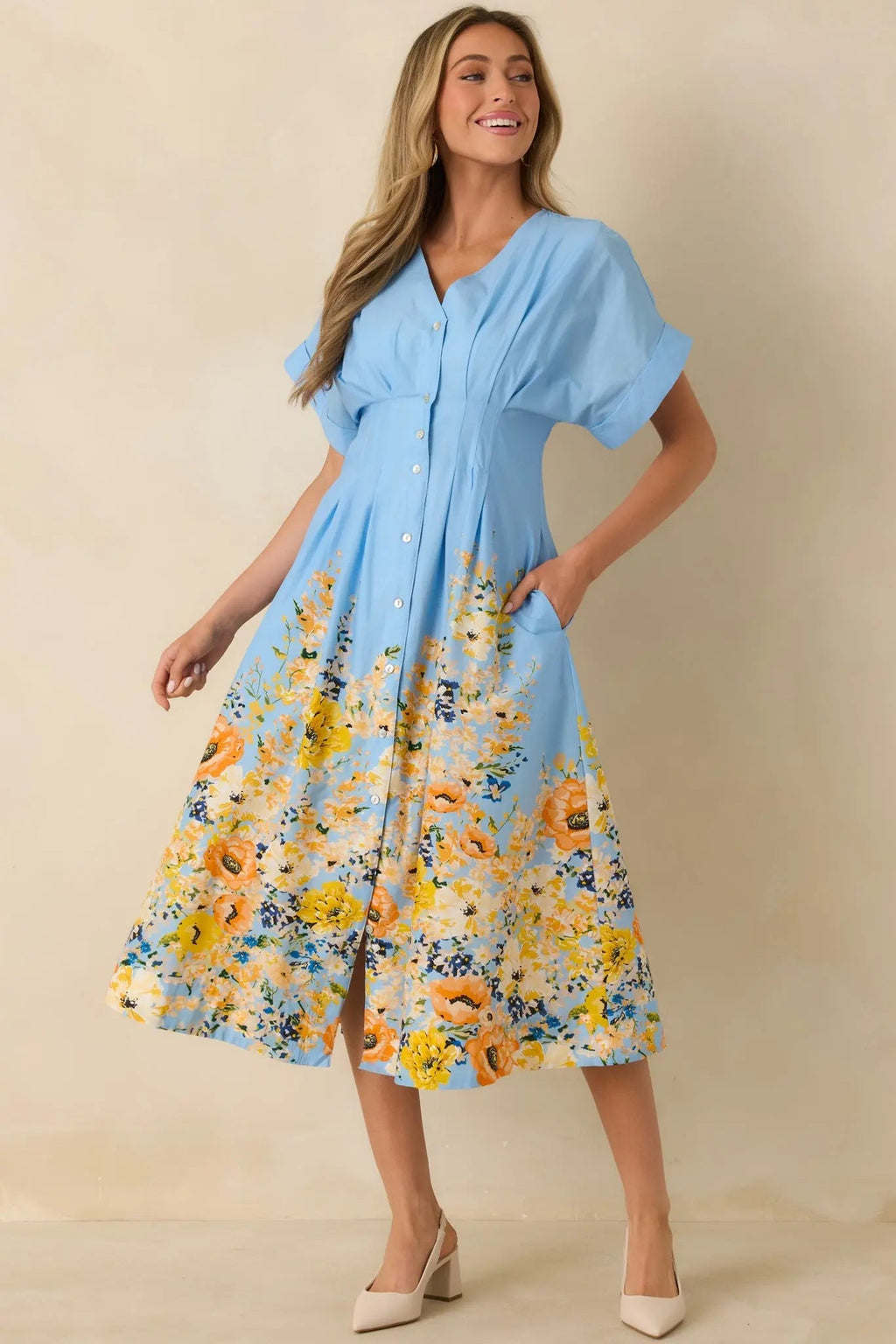 Women's What Comes Next Blue Multi Cotton Floral Midi Dress | 100% Cotton 5
