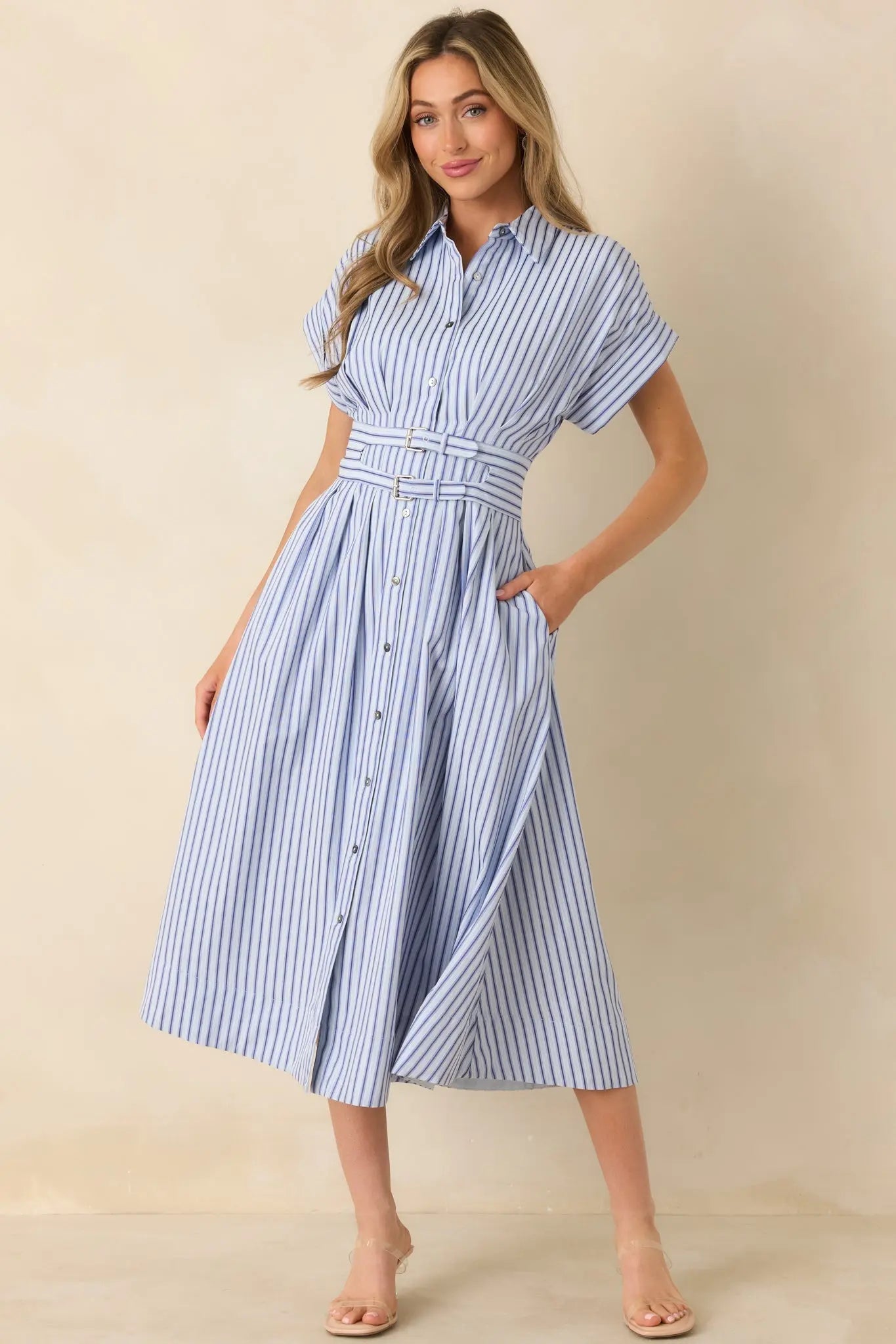 Women's What’s to Come Blue Stripe Belted Button Front Midi Dress | 63% Polyester & 35% Cotton 0