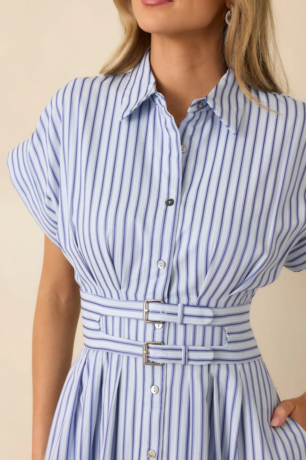 Women's What’s to Come Blue Stripe Belted Button Front Midi Dress | 63% Polyester & 35% Cotton 1