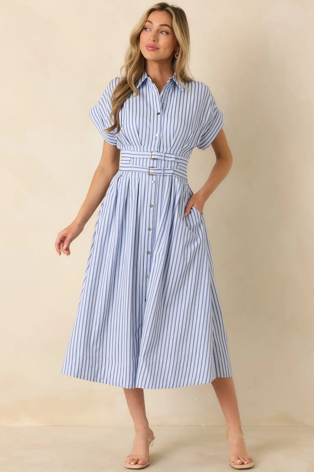 Women's What’s to Come Blue Stripe Belted Button Front Midi Dress | 63% Polyester & 35% Cotton 2