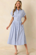 Women's What’s to Come Blue Stripe Belted Button Front Midi Dress | 63% Polyester & 35% Cotton 2