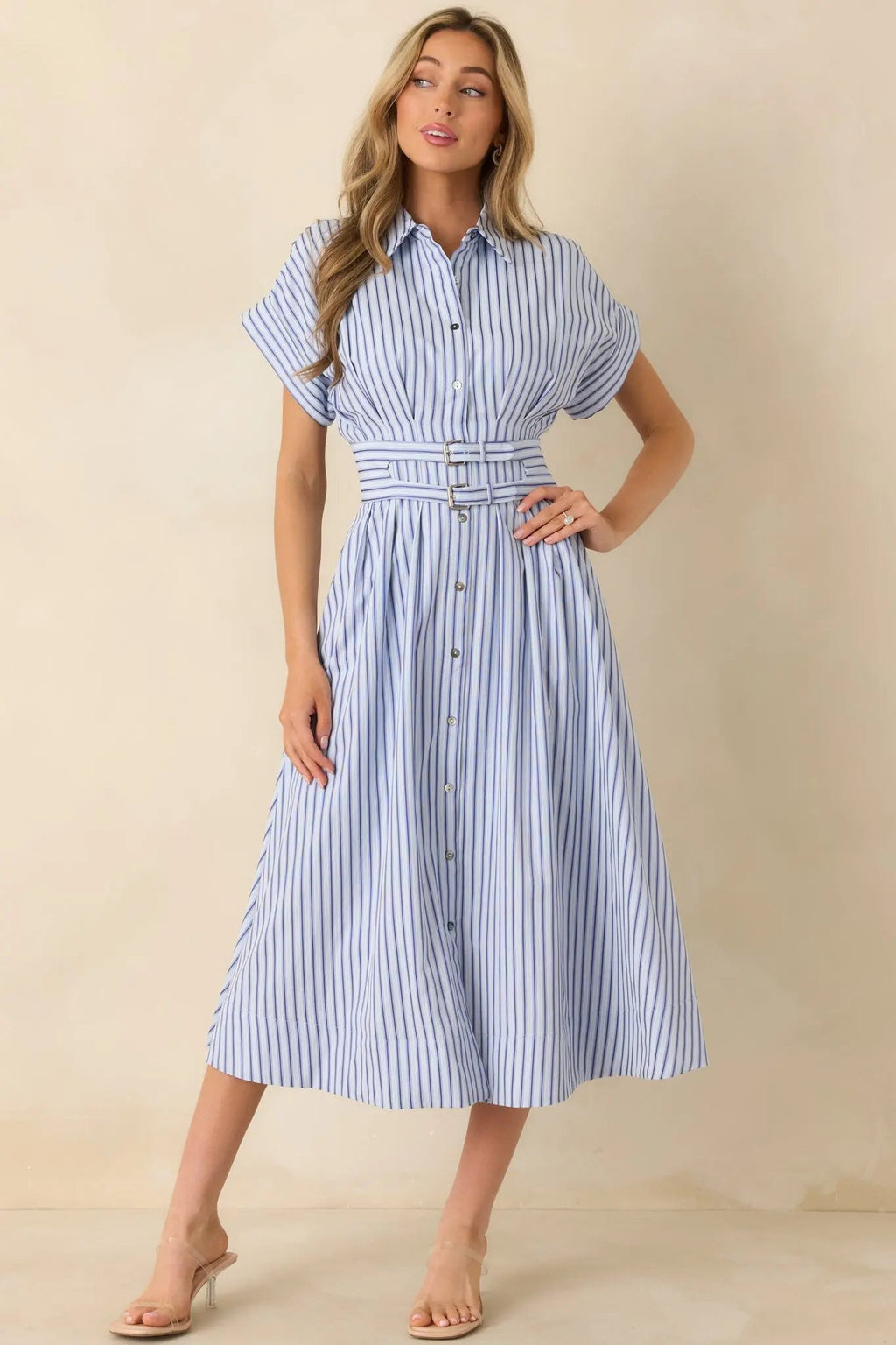 Women's What’s to Come Blue Stripe Belted Button Front Midi Dress | 63% Polyester & 35% Cotton 4