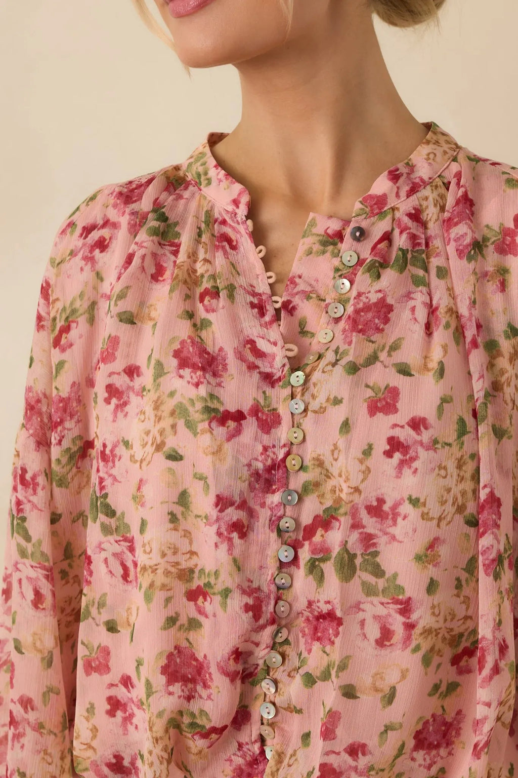 Women's Where Roses Drift Blush Pink Multi Floral Sheer Blouse | 100% Polyester 2