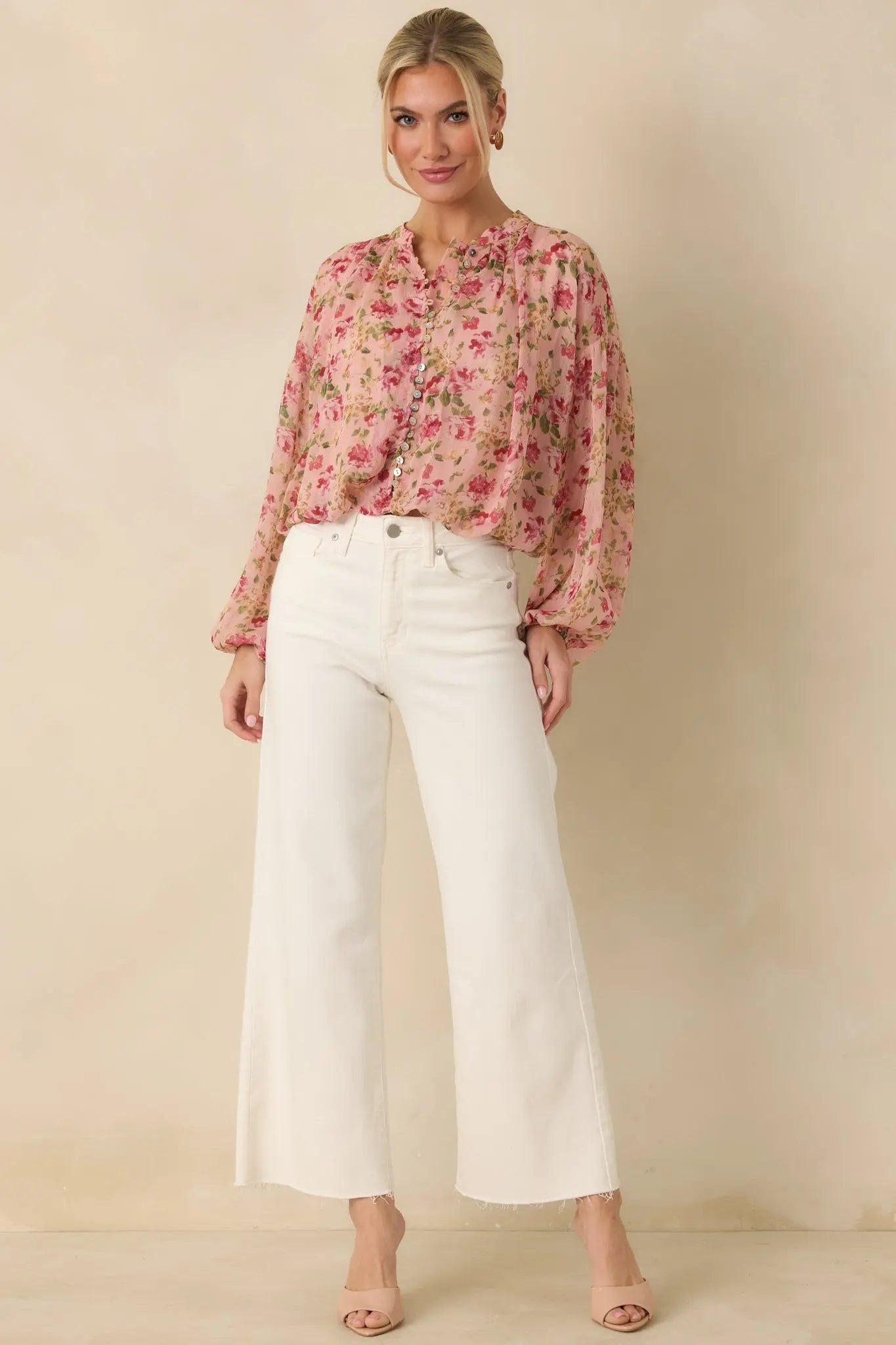 Women's Where Roses Drift Blush Pink Multi Floral Sheer Blouse | 100% Polyester 4