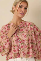 Women's Where Roses Drift Blush Pink Multi Floral Sheer Blouse | 100% Polyester 5