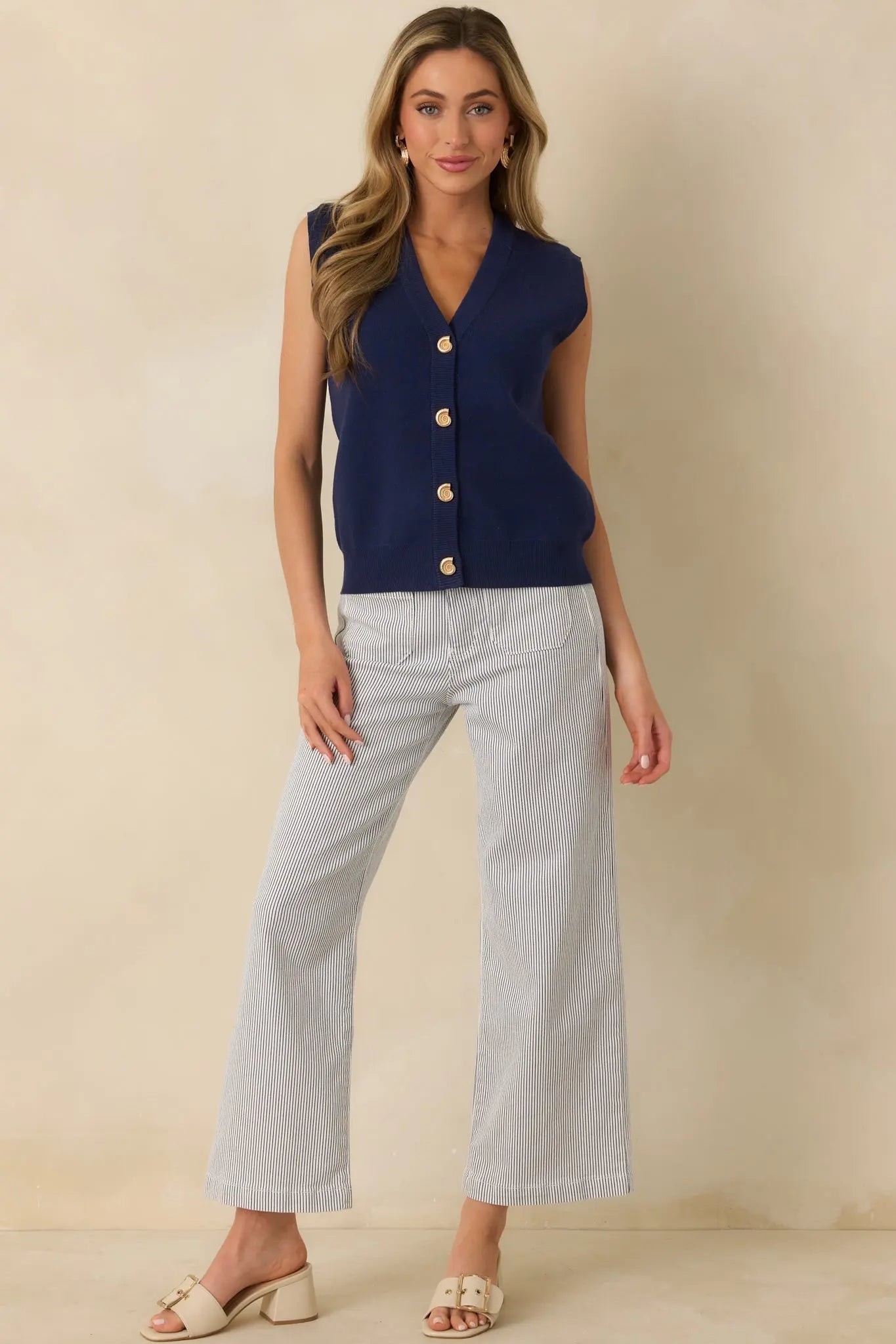 Women's Where Shell We Meet Navy Blue Knit & Gold Shell Button Up Sweater Vest | 50% Viscose 0