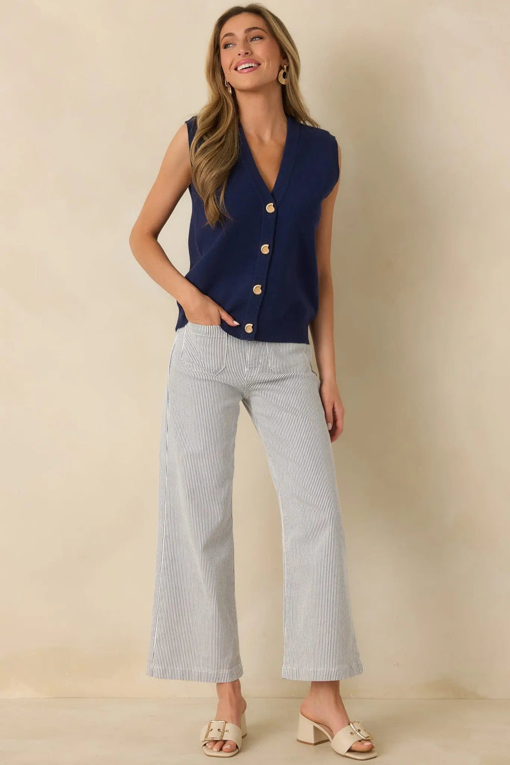 Women's Where Shell We Meet Navy Blue Knit & Gold Shell Button Up Sweater Vest | 50% Viscose 2