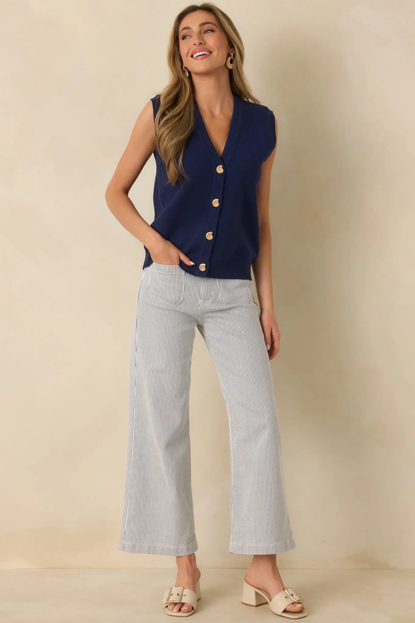 Women's Where Shell We Meet Navy Blue Knit & Gold Shell Button Up Sweater Vest | 50% Viscose 2