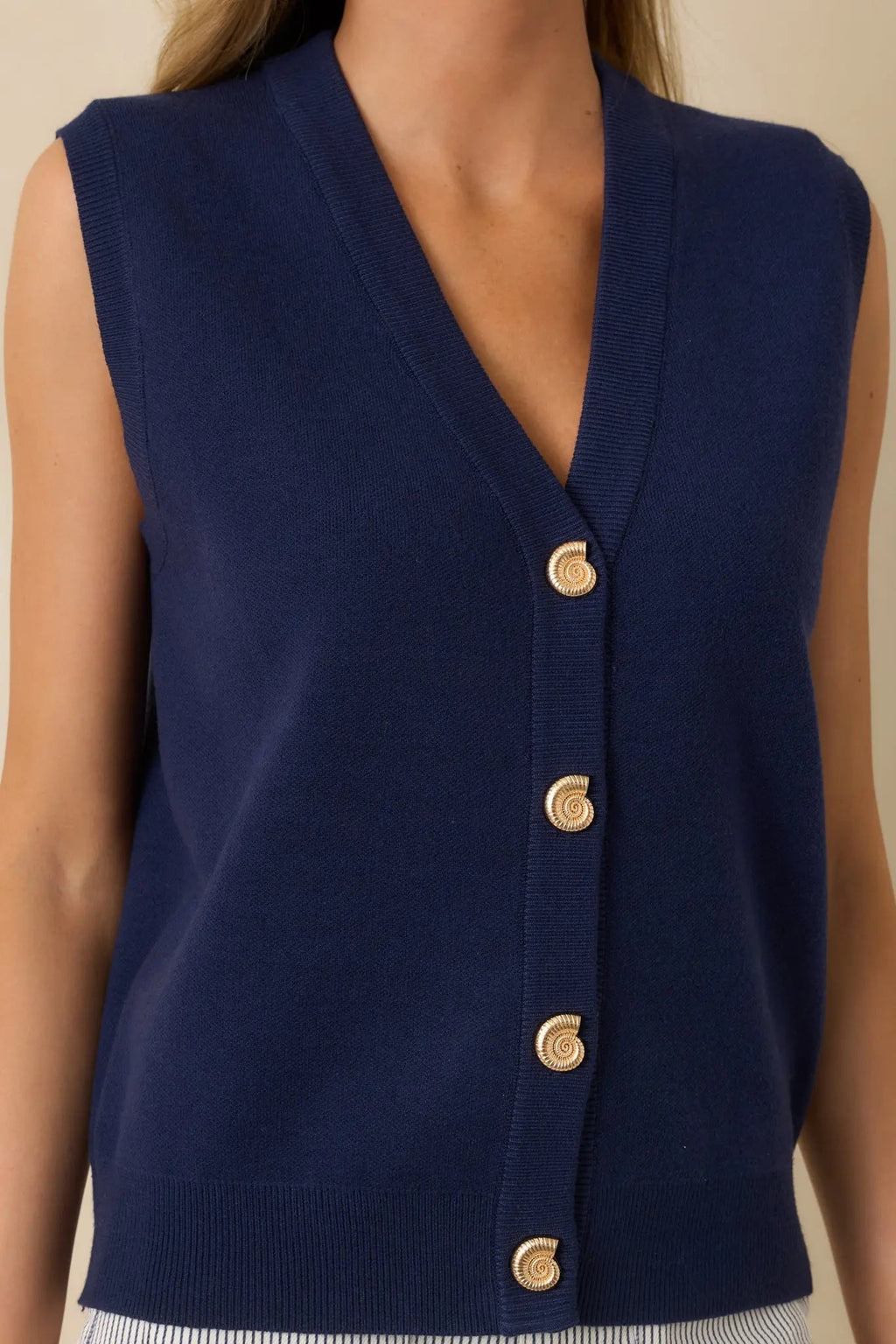 Women's Where Shell We Meet Navy Blue Knit & Gold Shell Button Up Sweater Vest | 50% Viscose 3