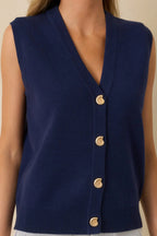 Women's Where Shell We Meet Navy Blue Knit & Gold Shell Button Up Sweater Vest | 50% Viscose 3