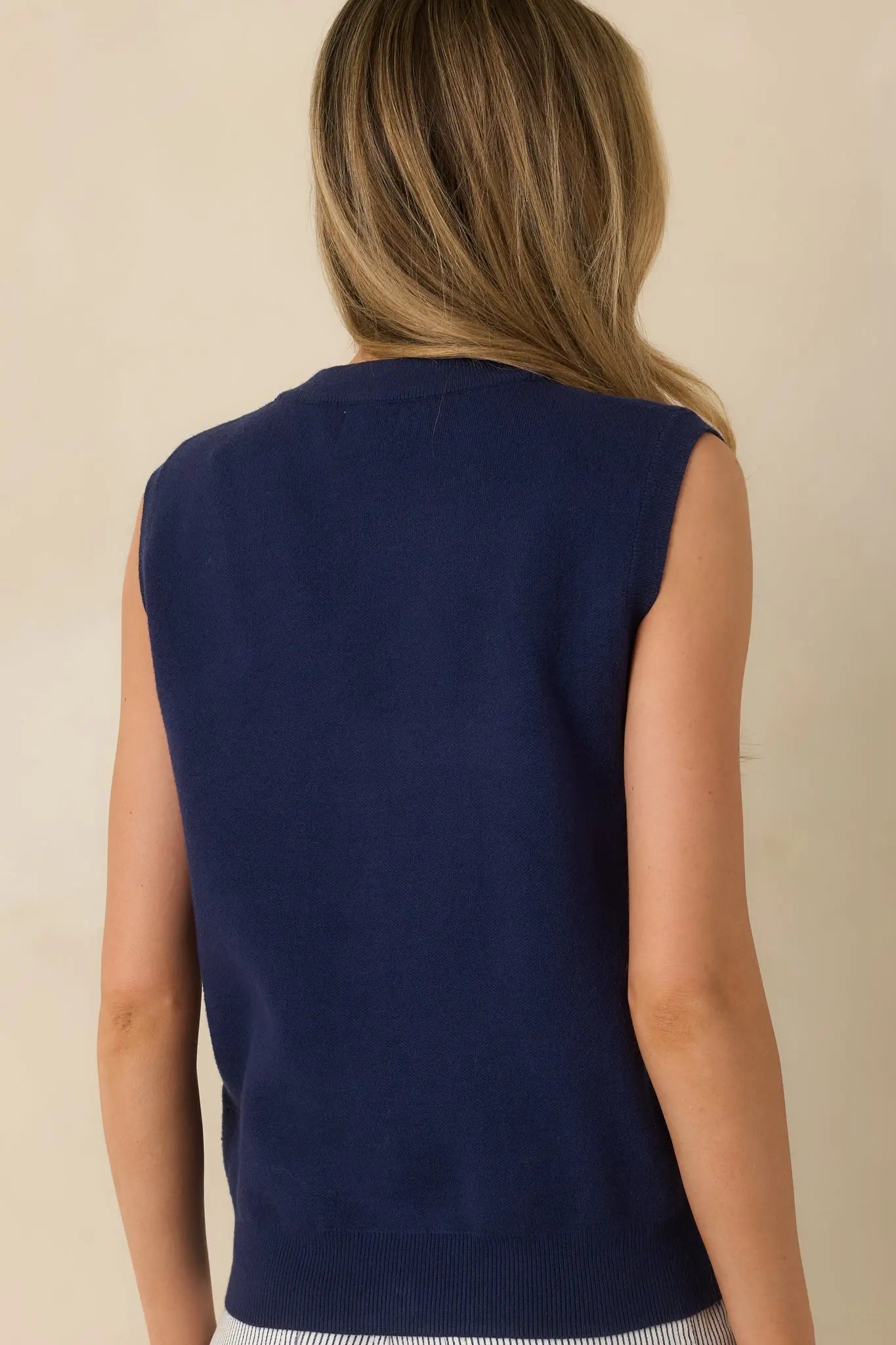 Women's Where Shell We Meet Navy Blue Knit & Gold Shell Button Up Sweater Vest | 50% Viscose 6