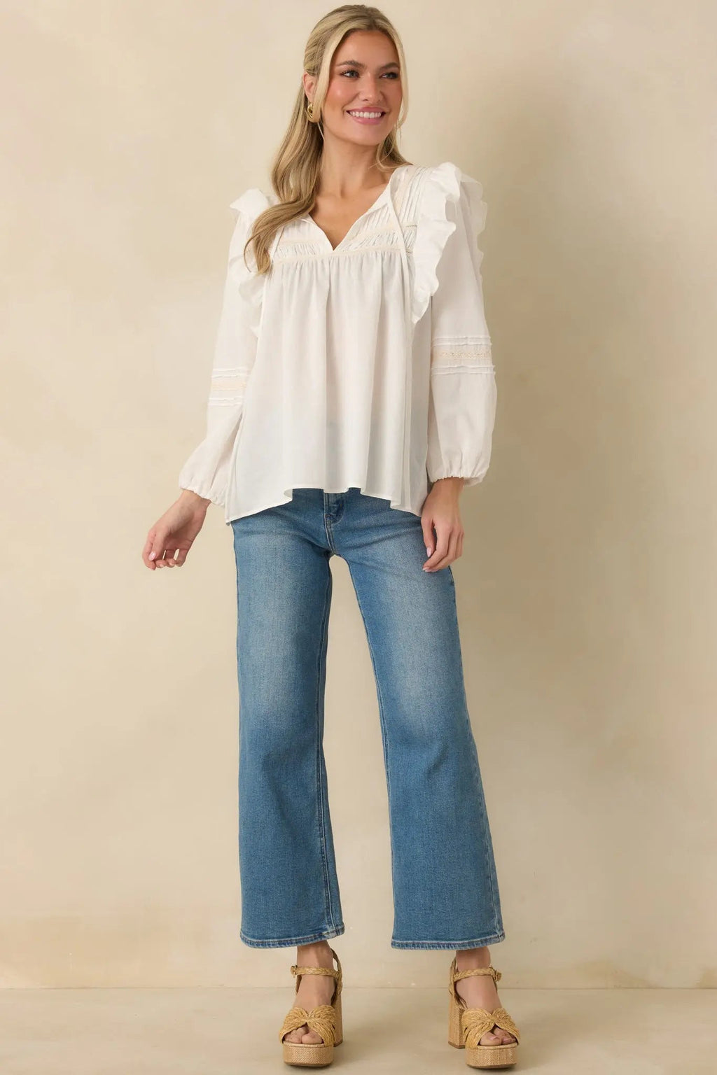 Women's Where We Begin White Ruffle & Lace Trim Blouse | 60% Cotton & 40% Rayon 0