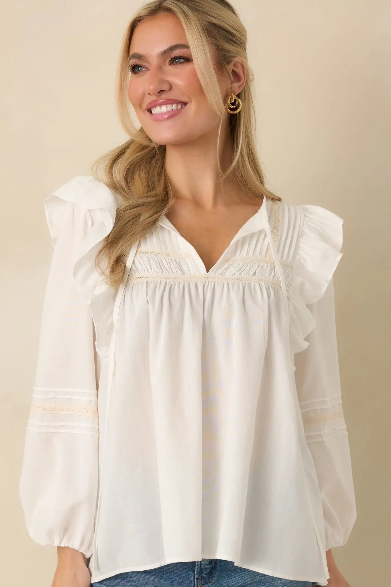 Women's Where We Begin White Ruffle & Lace Trim Blouse | 60% Cotton & 40% Rayon 1