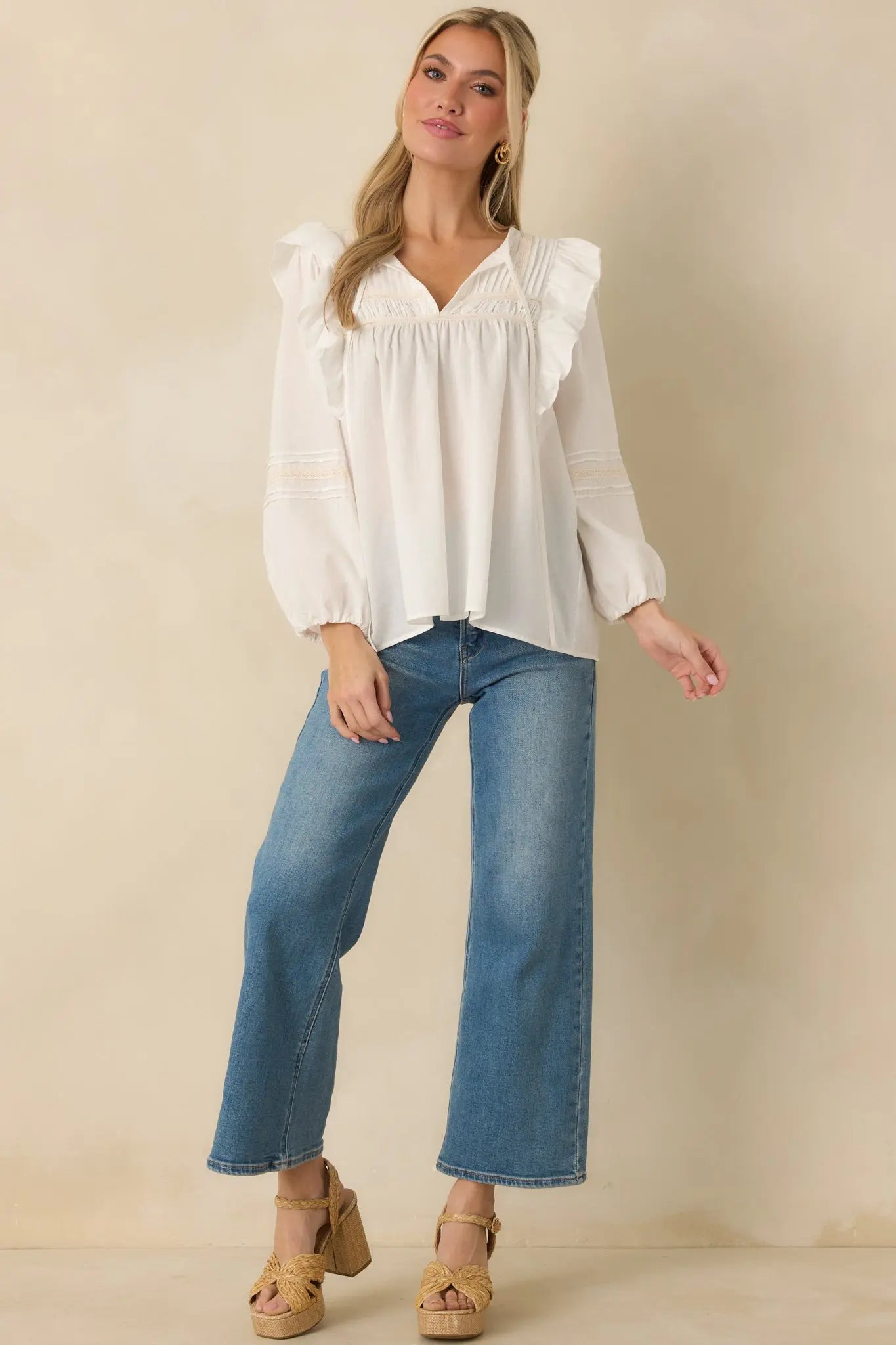 Women's Where We Begin White Ruffle & Lace Trim Blouse | 60% Cotton & 40% Rayon 3