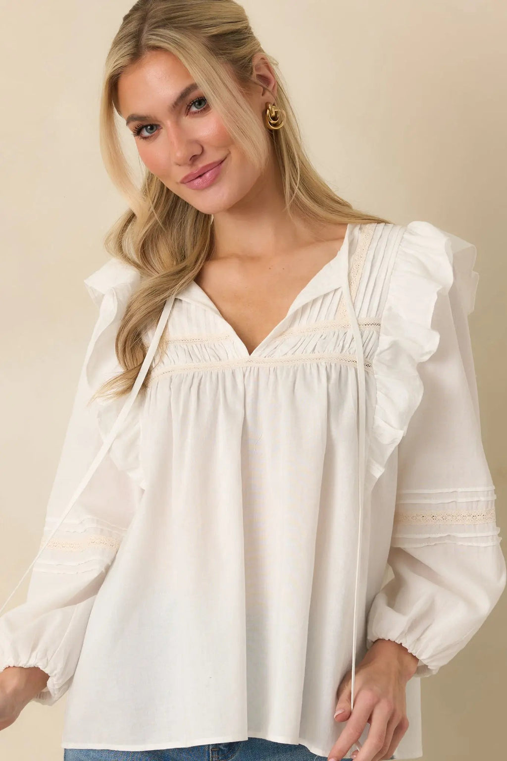 Women's Where We Begin White Ruffle & Lace Trim Blouse | 60% Cotton & 40% Rayon 4