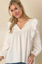Women's Where We Begin White Ruffle & Lace Trim Blouse | 60% Cotton & 40% Rayon 4