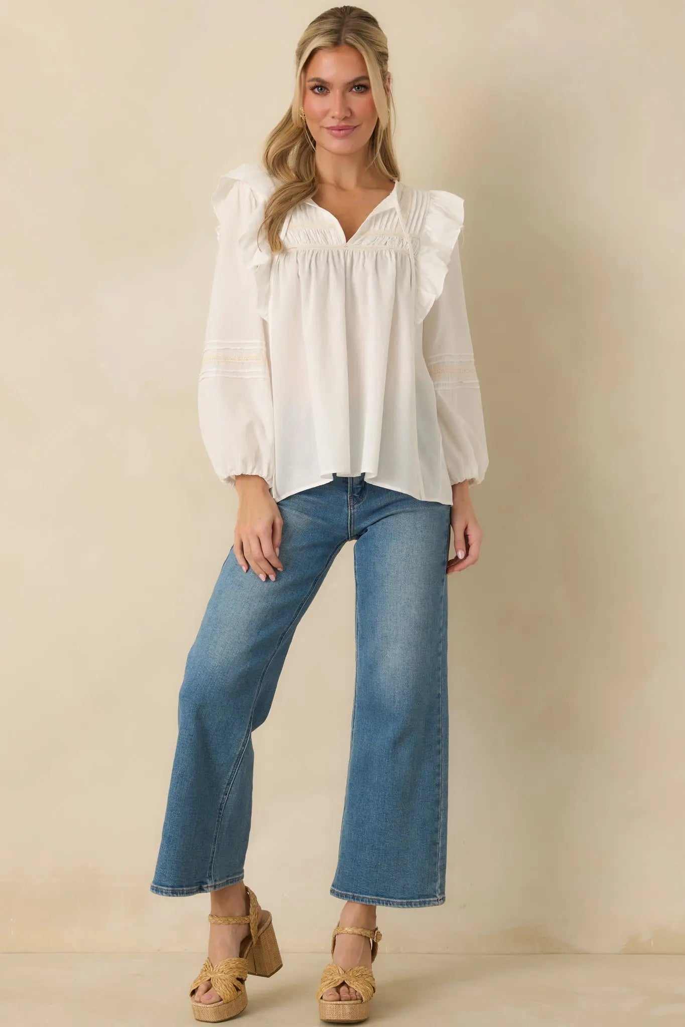 Women's Where We Begin White Ruffle & Lace Trim Blouse | 60% Cotton & 40% Rayon 5
