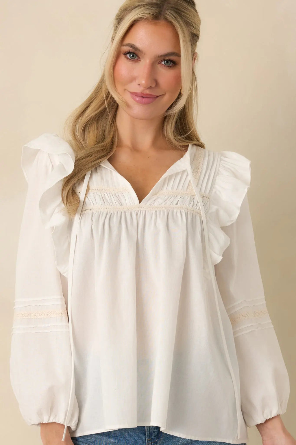Women's Where We Begin White Ruffle & Lace Trim Blouse | 60% Cotton & 40% Rayon 6