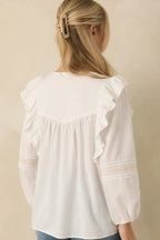 Women's Where We Begin White Ruffle & Lace Trim Blouse | 60% Cotton & 40% Rayon 7