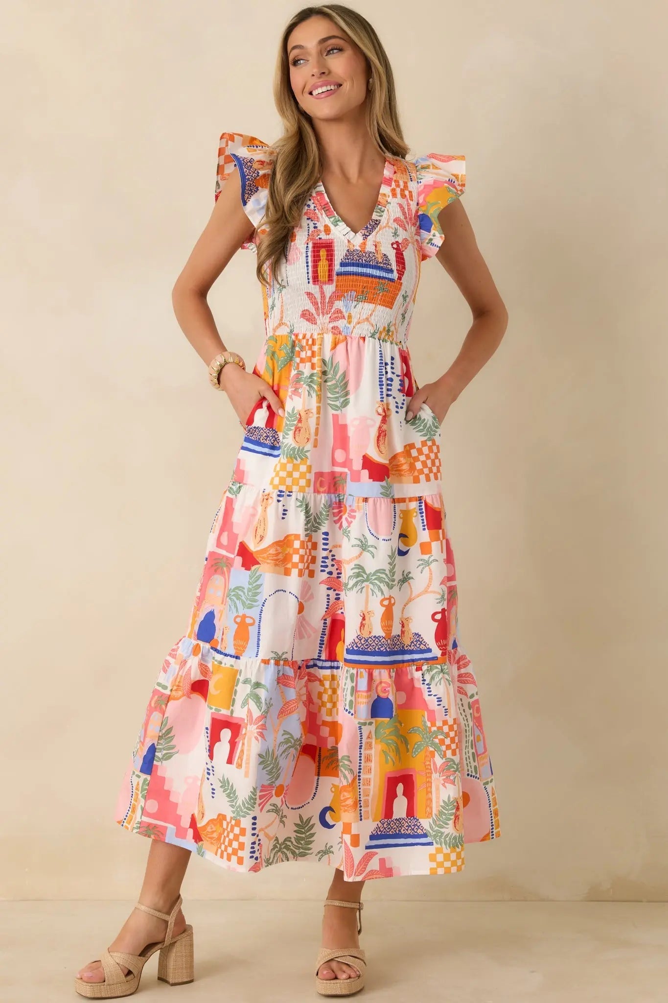 Women's Where the Sun Goes Orange & Pink Multi Cotton V-Neck Flutter Sleeve Maxi Dress | 100% Cotton 2